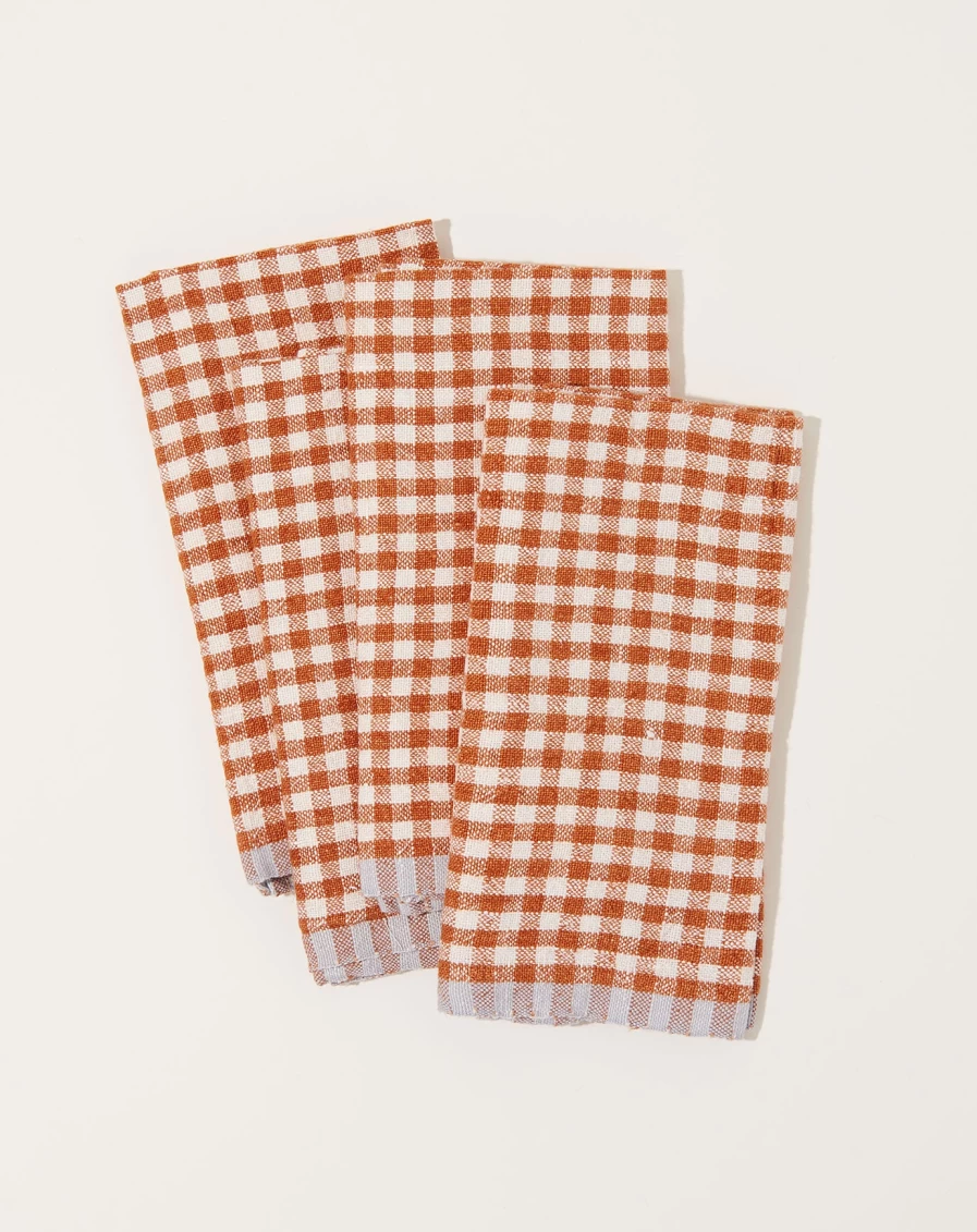 Caravan Two-Tone Gingham Napkins Set of 4 - Cognac & Blue Cotton Table Linens for Dining Decor