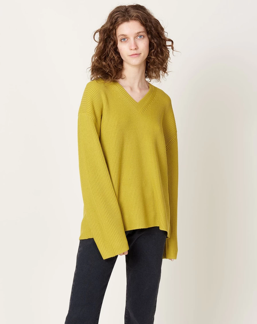 6397 Rib V Neck Chartreuse Green Women's Slim Fit Knit Top