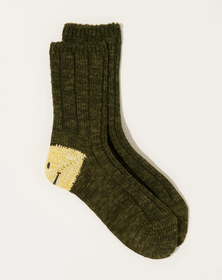 Kapital Smilie Socks Khaki - 56 Yarns Heel Design Comfortable Casual Footwear