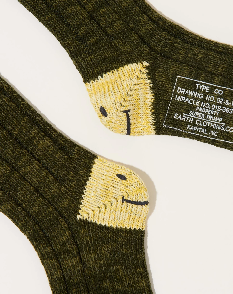 Kapital Smilie Socks Khaki - 56 Yarns Heel Design Comfortable Casual Footwear