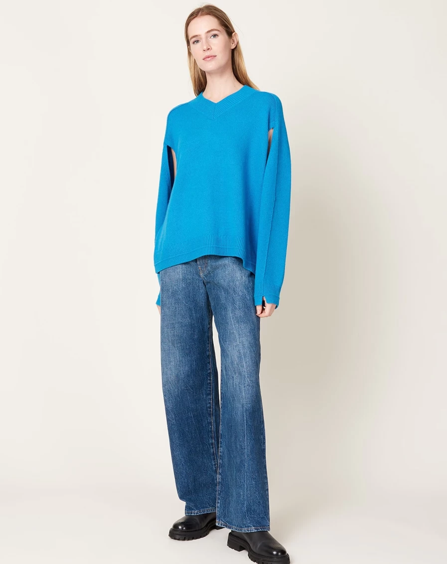 Maria McManus Cerulean Blue V-Neck Cape - Elegant Women's Fashion Cape