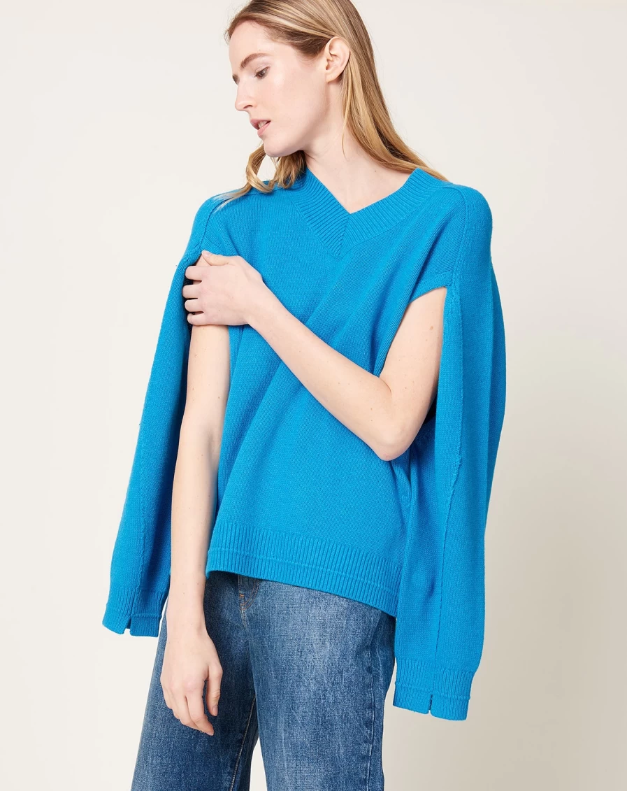 Maria McManus Cerulean Blue V-Neck Cape - Elegant Women's Fashion Cape