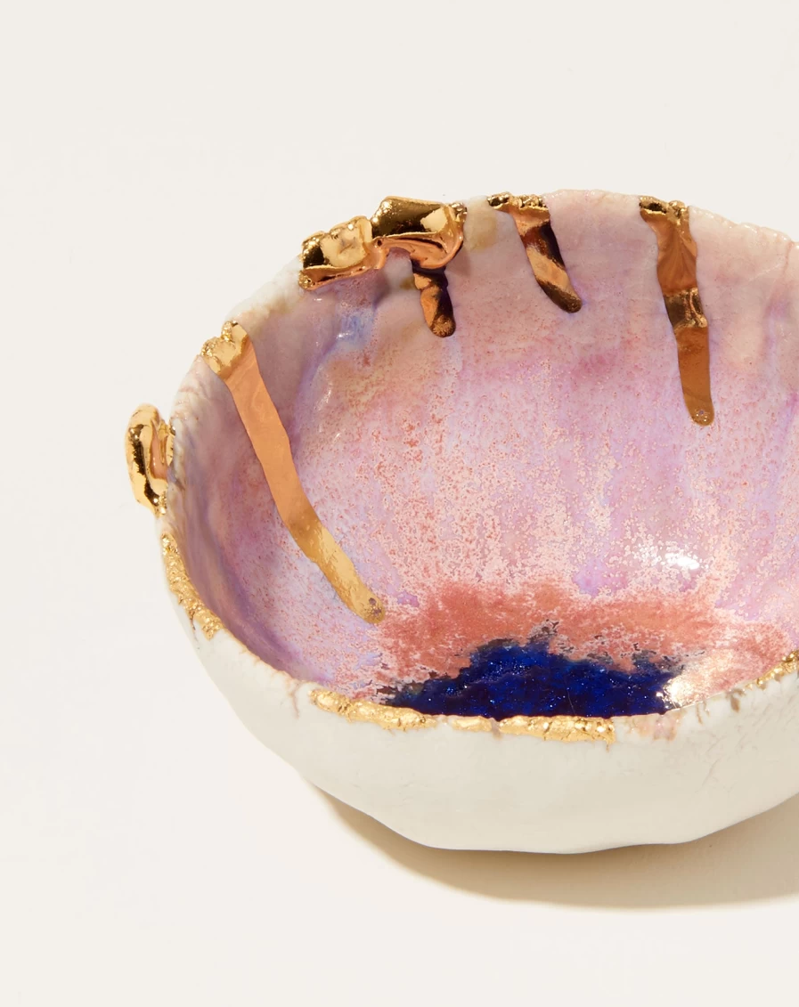 Minh Singer Pink Aurora Porcelain Dish with Gold Splatter - Mini Iceland Themed Decorative Plate