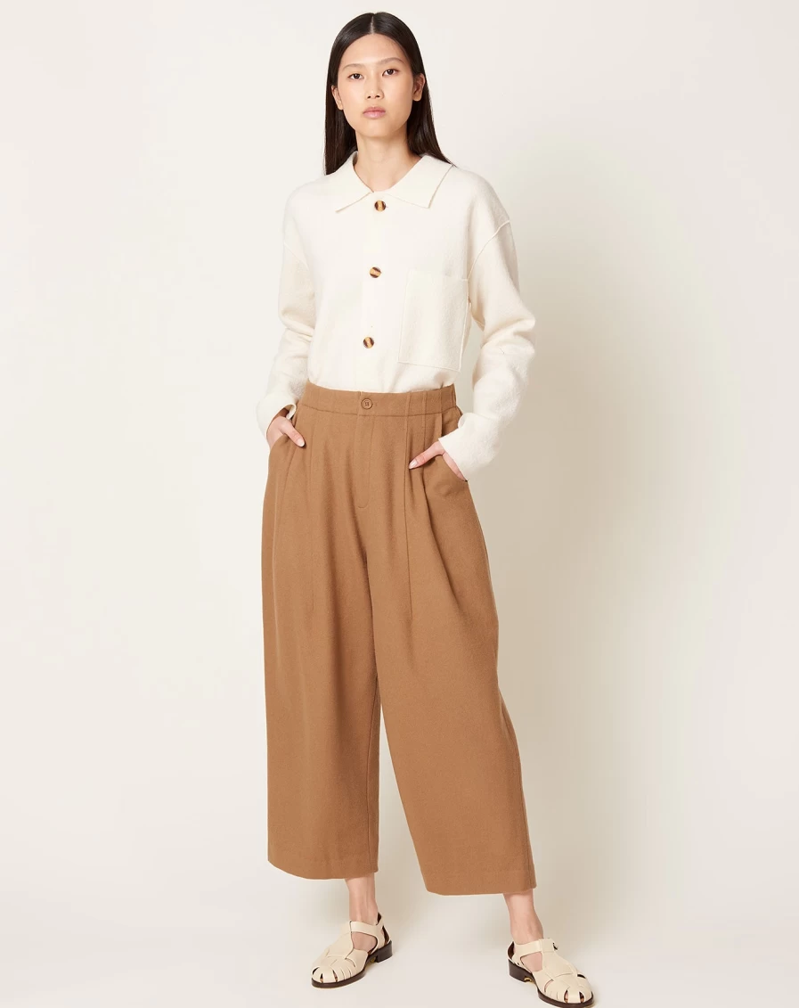 7115 by Szeki Women's Wool Pleated Trousers in Tan - High Waist Wide Leg Pants for Office & Formal Wear