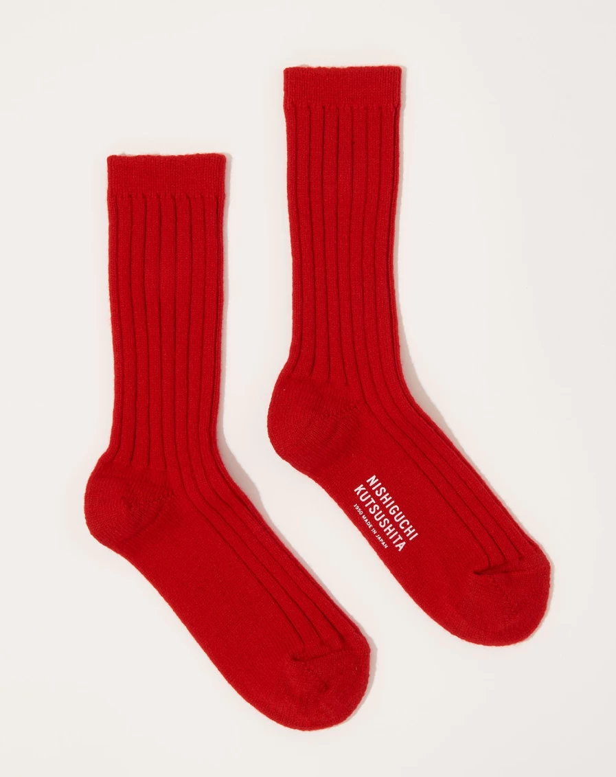 Nishiguchi Kutsushita Cashmere Ribbed Socks for Women & Men - Sunset Red, Soft Warm Winter Socks, Luxury Knitted Socks