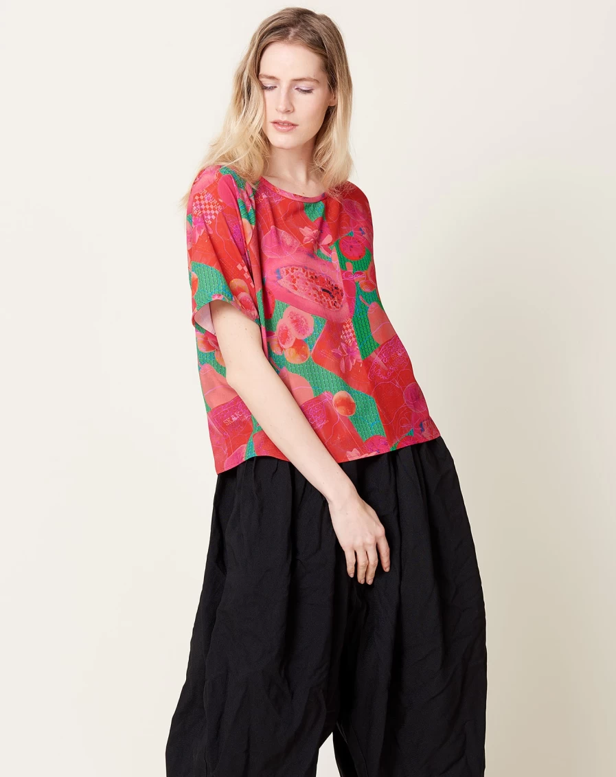 "Henrik Vibskov Pink & Green Silk Blouse – Elegant Smooth Texture"