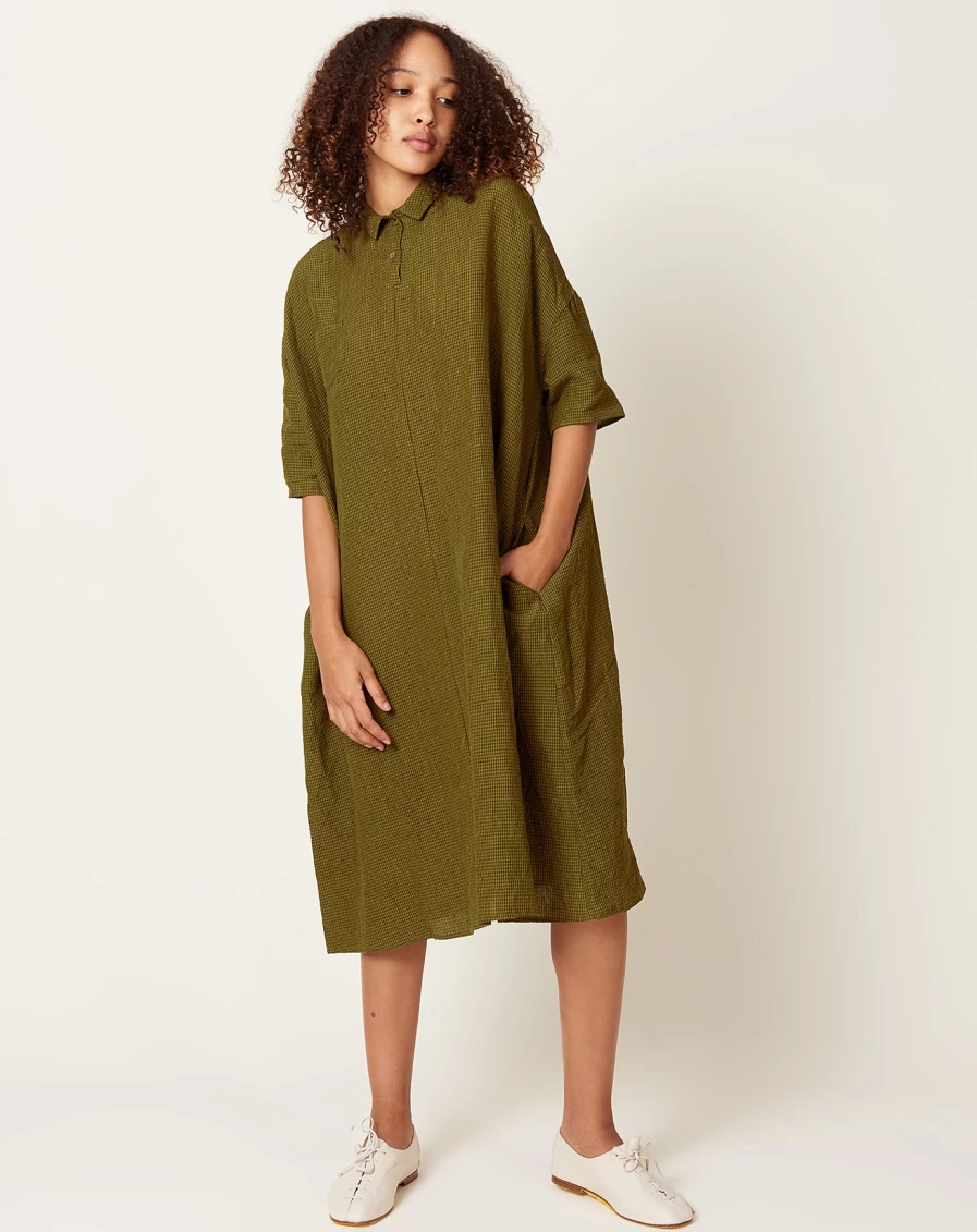 "Apuntob Women's Micro Vichy Linen Dress - Grass Green & Military Green Striped Summer Dress"
