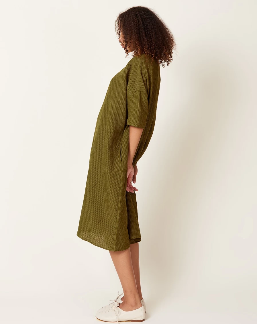 "Apuntob Women's Micro Vichy Linen Dress - Grass Green & Military Green Striped Summer Dress"