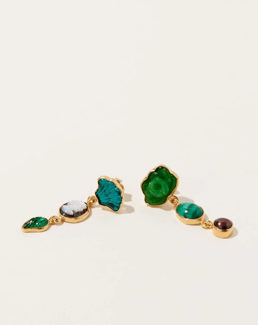 Grainne Morton Handcrafted Malachite Drop Earrings with Three Moving Charms