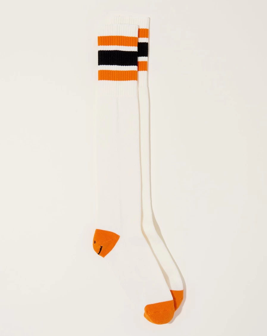 Kapital White & Orange Smiley Embroidered Knee-High Skater Socks