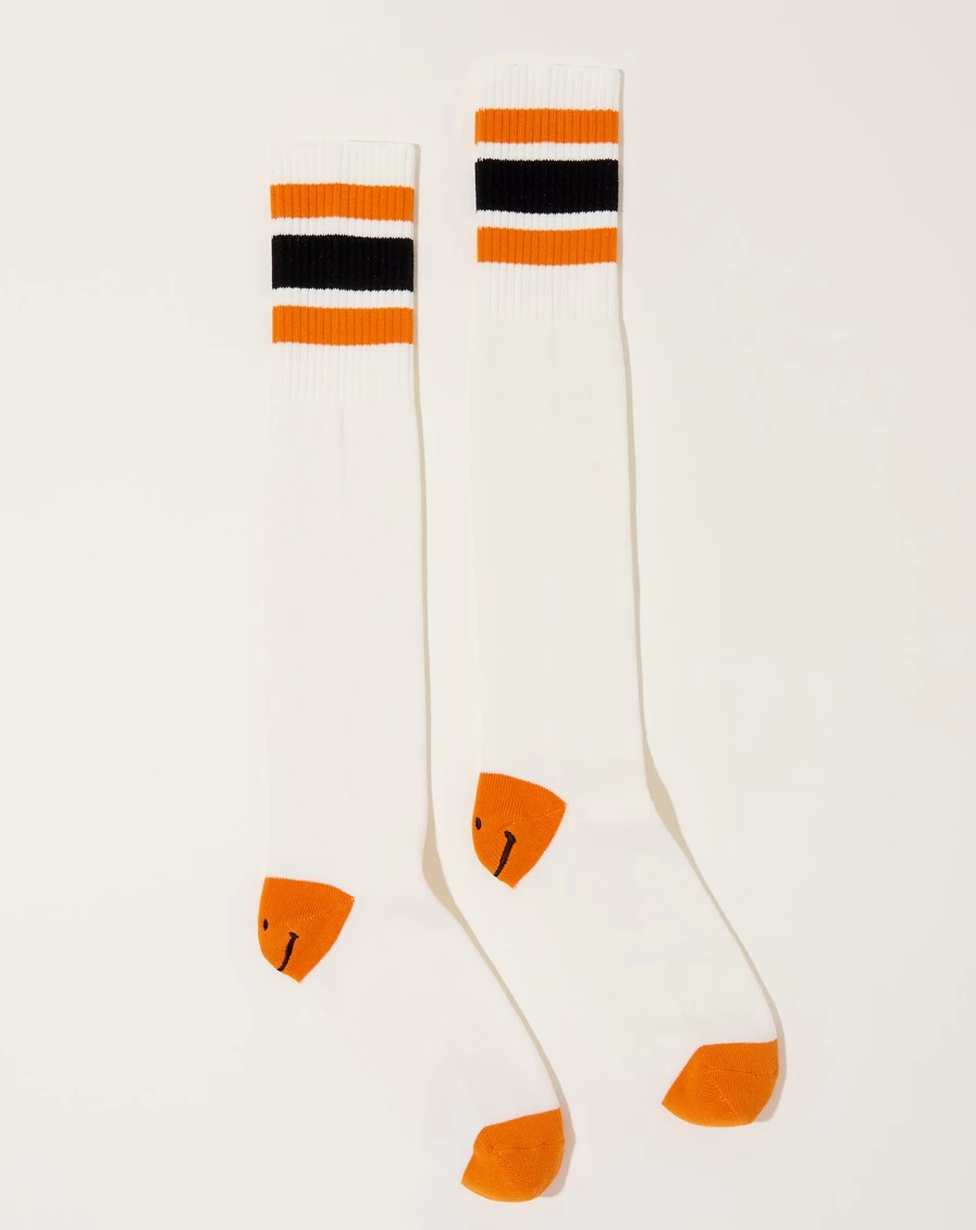 Kapital White & Orange Smiley Embroidered Knee-High Skater Socks