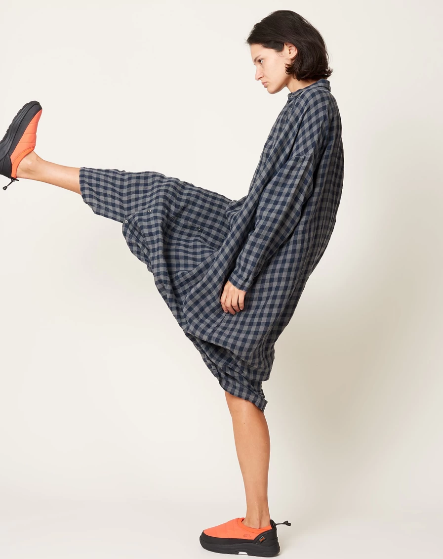 "Ichi Antiquits Azumadaki Charcoal Linen Gingham Dress – Vintage-Inspired Women's Fashion"