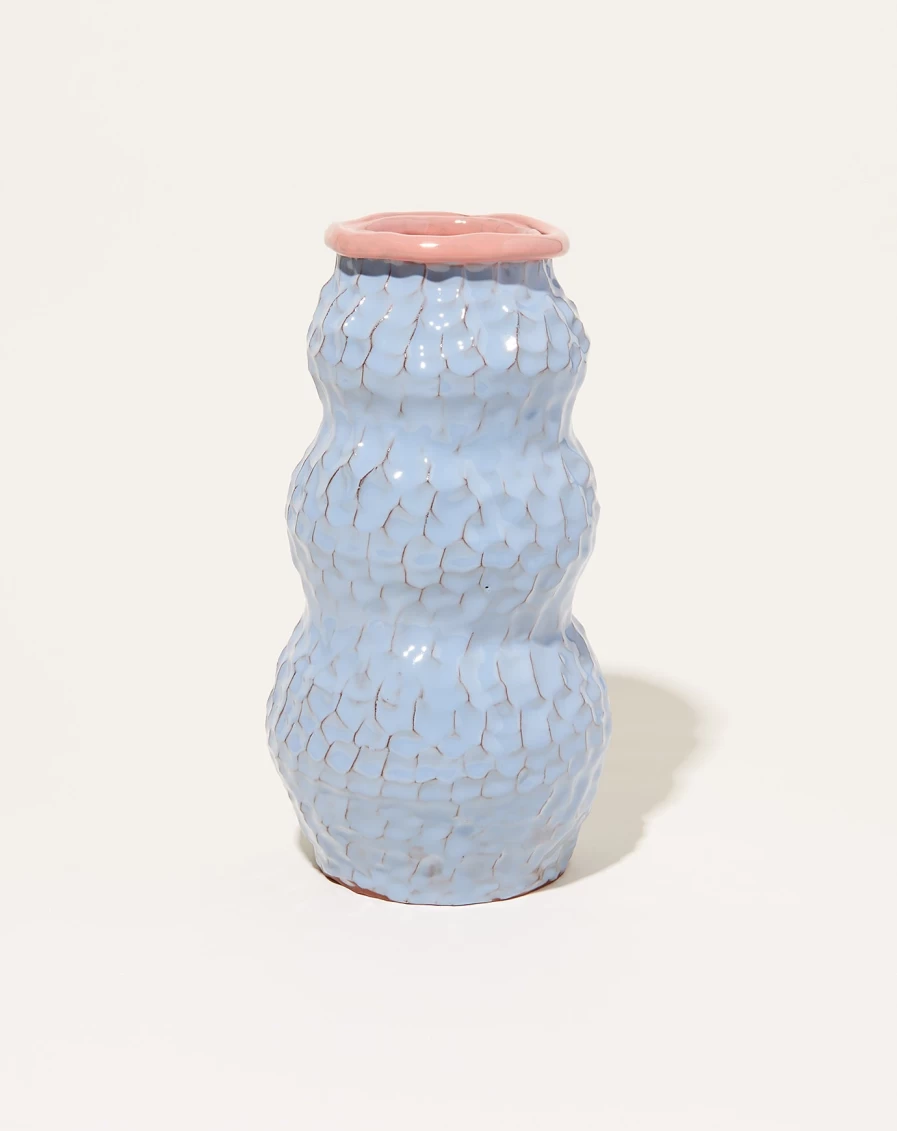 "Sean Gerstley Denim & Coral Snowman Vase – Handcrafted Ceramic Art"