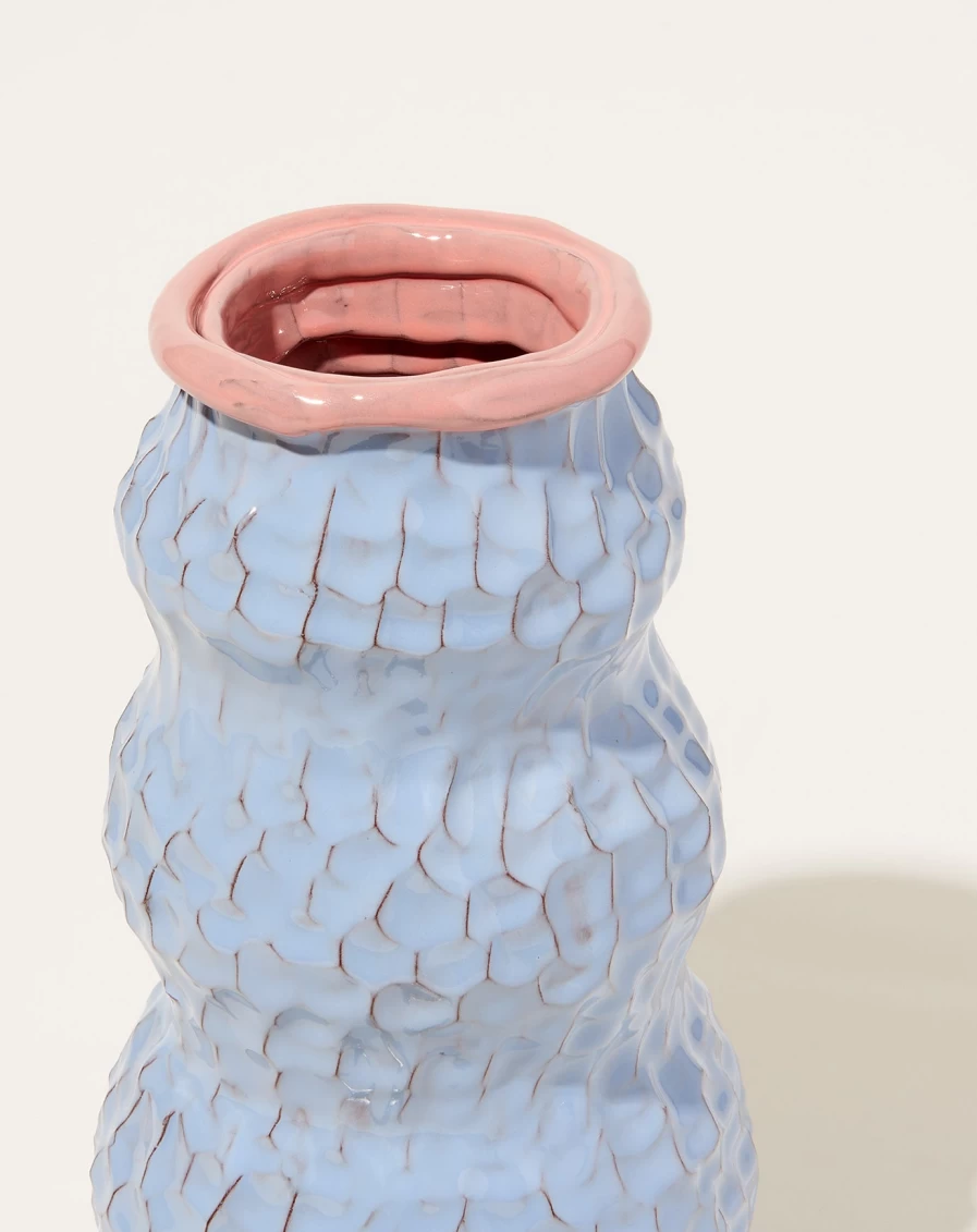 "Sean Gerstley Denim & Coral Snowman Vase – Handcrafted Ceramic Art"