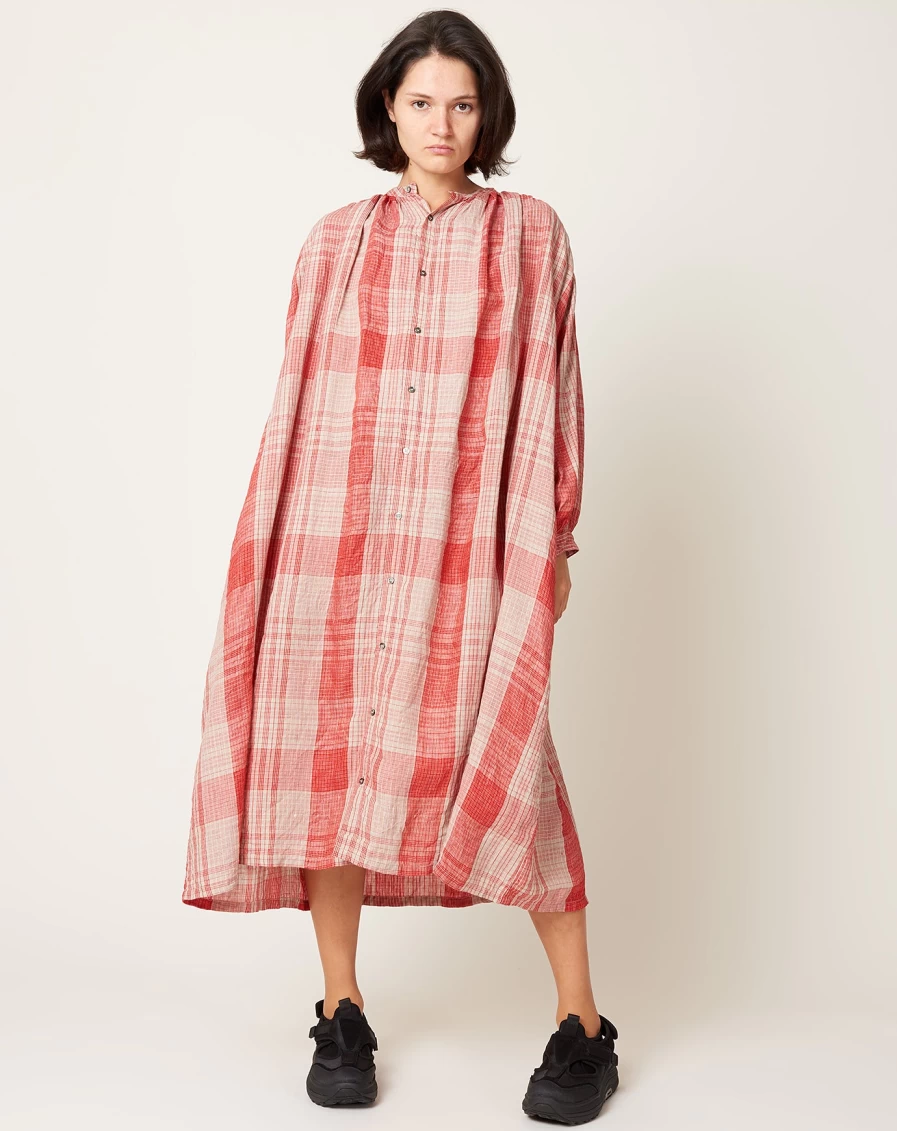"Ichi Antiquits Red Linen Checkered Shirt Dress - Oversized Bohemian Style"