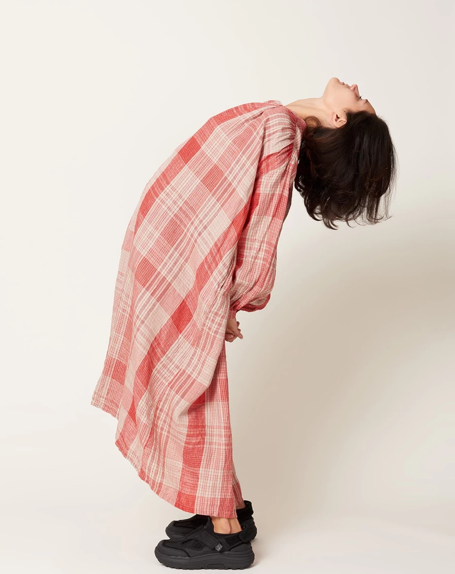 "Ichi Antiquits Red Linen Checkered Shirt Dress - Oversized Bohemian Style"