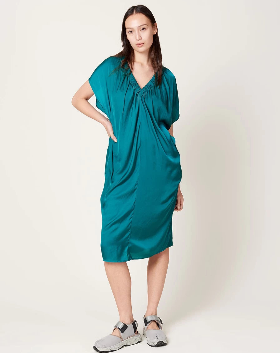 Zero + Maria Cornejo Deep Teal Ruched Tilly Dress - Elegant Ruffle Detail Women's Dress