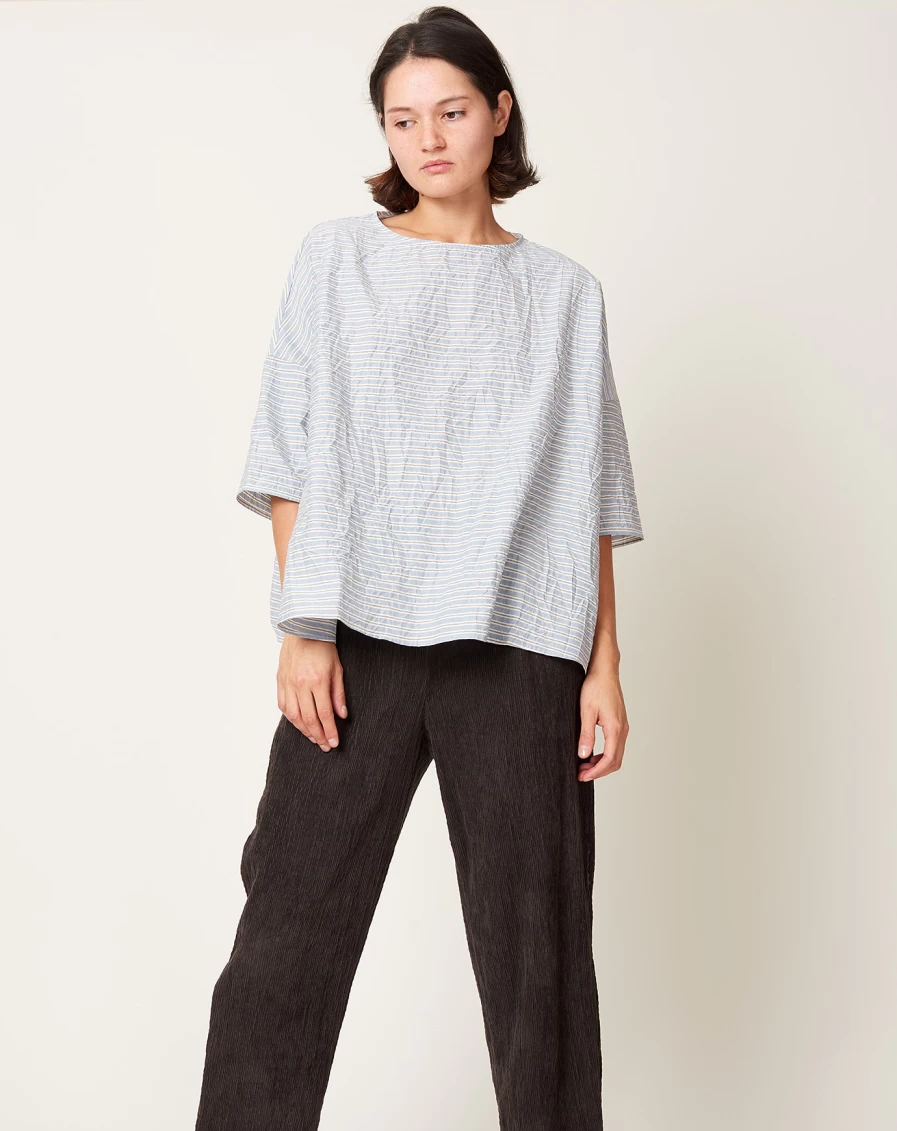 "Apuntob Sky Blue Striped Boatneck Shirt - Cotton Silk Blend Top for Women"