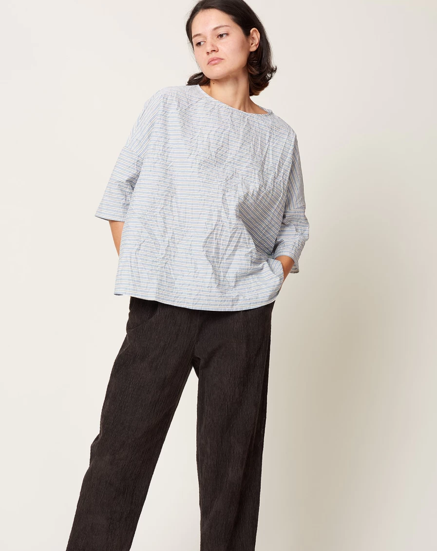 "Apuntob Sky Blue Striped Boatneck Shirt - Cotton Silk Blend Top for Women"