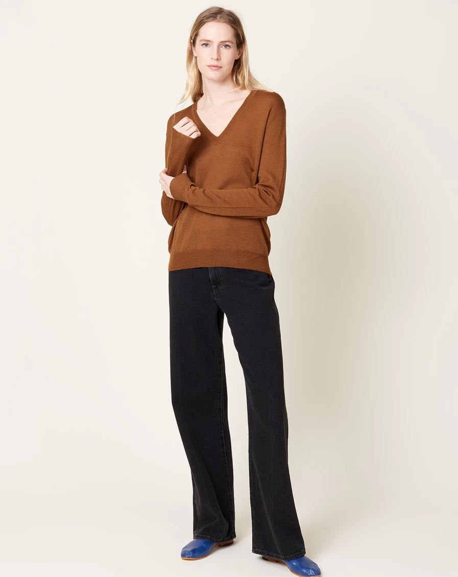 6397 Women's Slim Fit Tobacco V-Neck Ribbed Knit Top