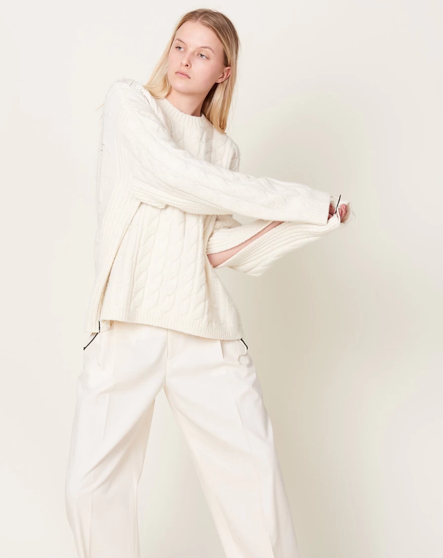 Maria McManus Ivory Oversized Aran Knit Crewneck Sweater - Chunky Wool Cable Pullover