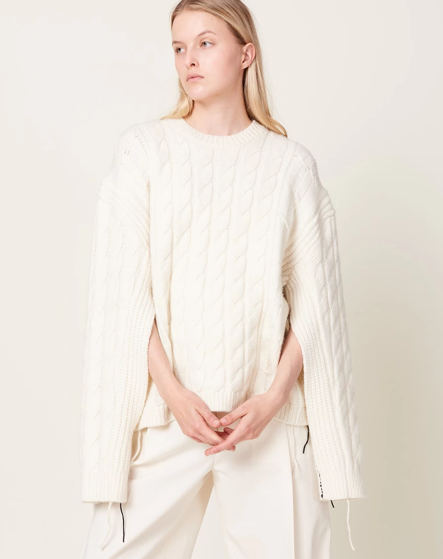Maria McManus Ivory Oversized Aran Knit Crewneck Sweater - Chunky Wool Cable Pullover
