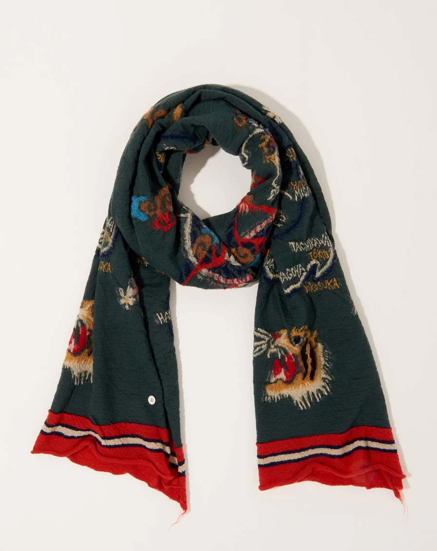 Kapital Green Fulling Wool Happy Scarf - Handmade Souvenir & Cozy Winter Accessory