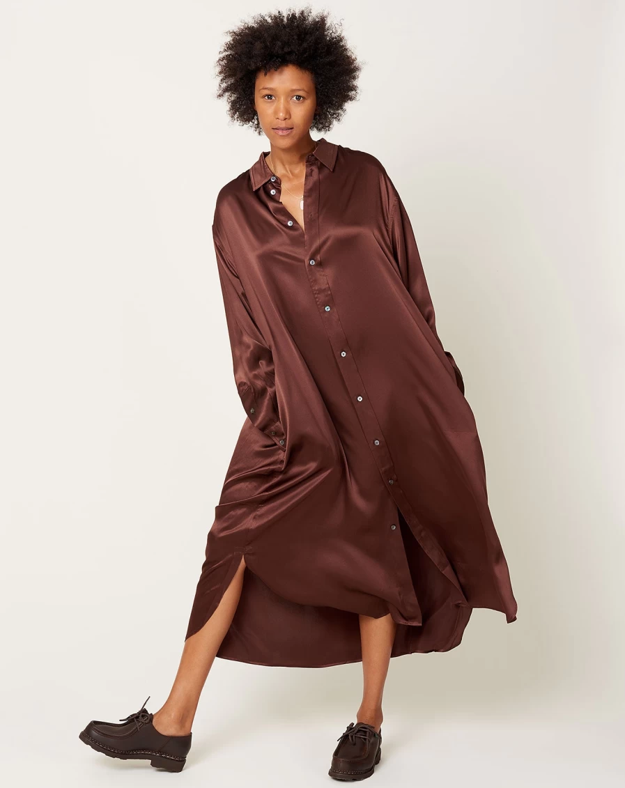 6397 Women's Oversized Mahogany Silk Shirt Dress - Elegant Long Sleeve Button Down Shirt Dress