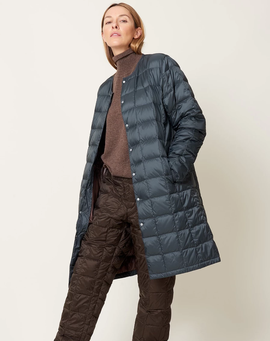 Taion Oversized Crew Neck Snap Button Long Down Jacket - Dark Charcoal & Chocolate, Warm Winter Coat