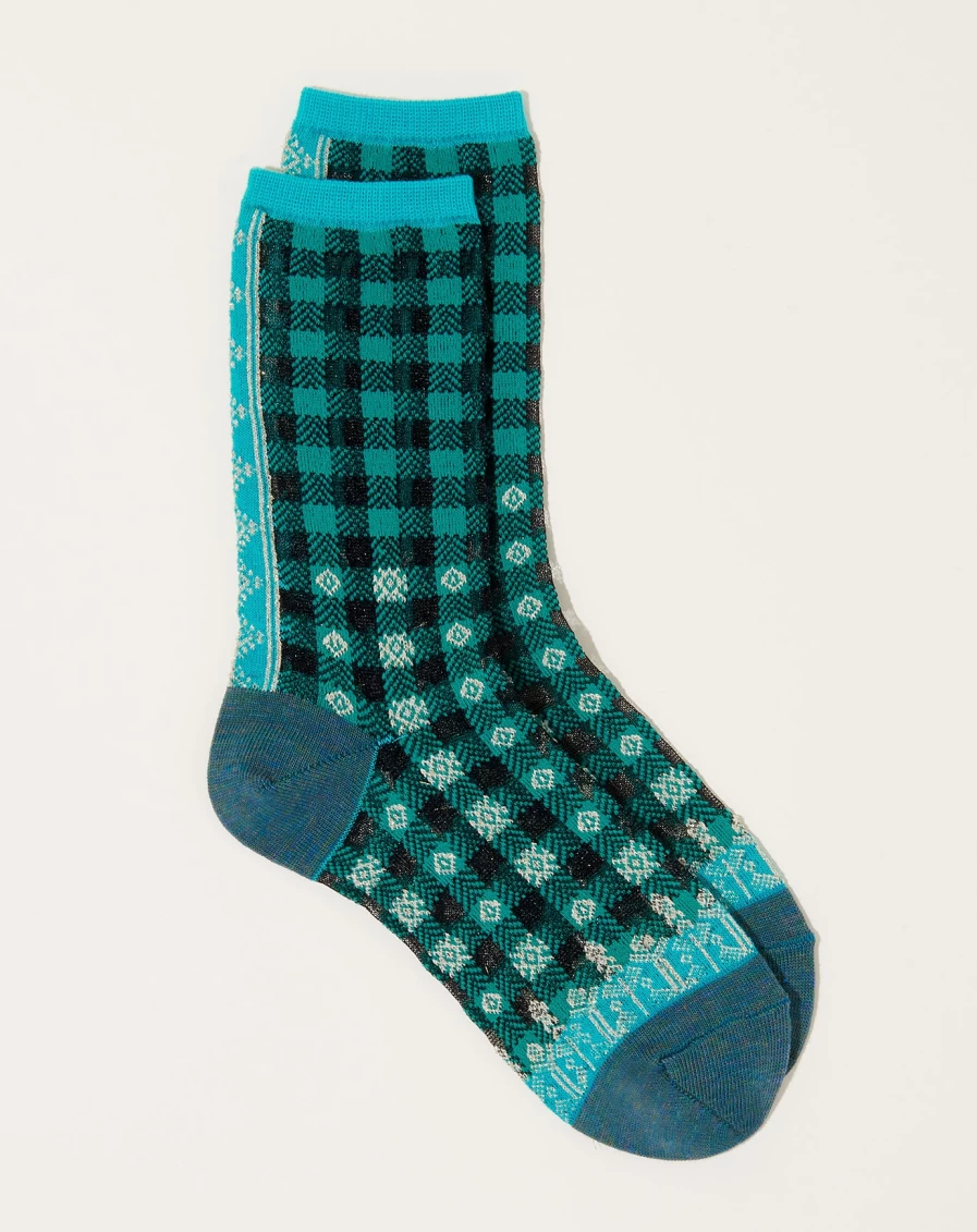 Kapital Turquoise Gingham Check See-Through Socks with 144 Yarns