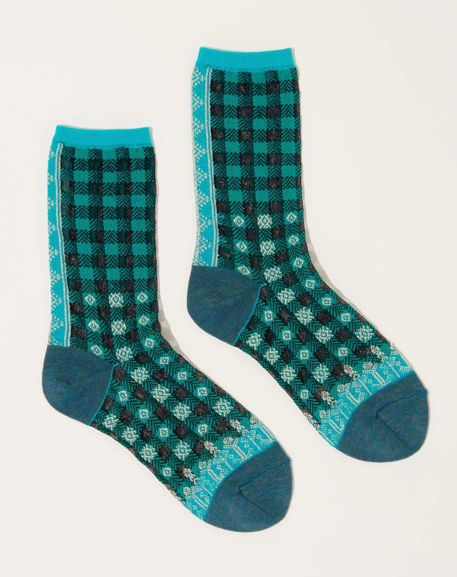 Kapital Turquoise Gingham Check See-Through Socks with 144 Yarns