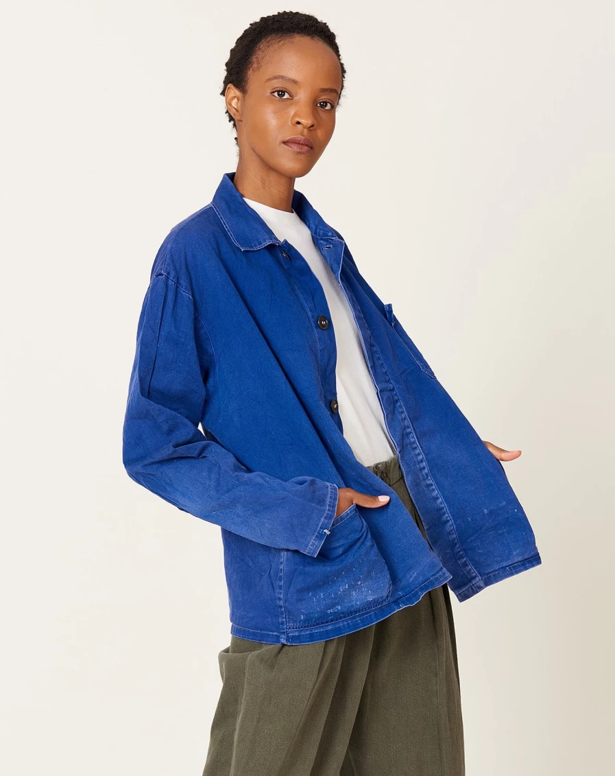 Vintage Indigo Washed Distressed Denim Chore Jacket with Pockets