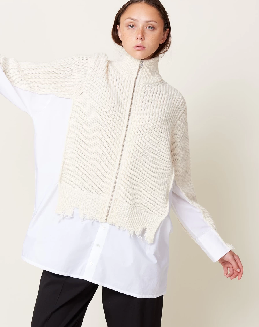 MM6 White Zip Cardigan with Stylish Shirt Collar Detail