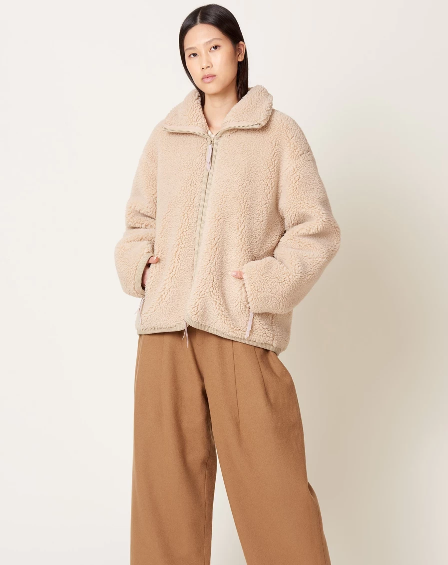 7115 by Szeki Beige Zip-Up Curly Turtleneck Jacket for Women - Soft Knit Stylish Outerwear