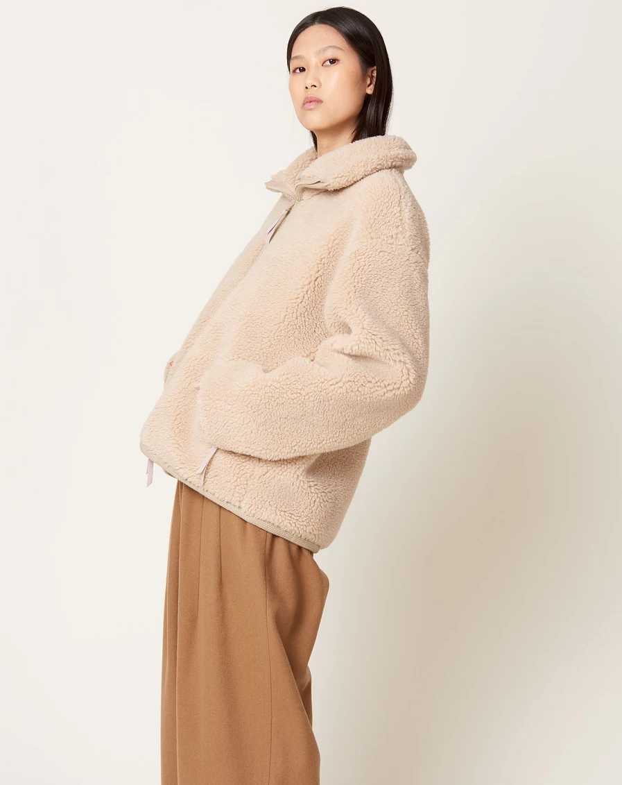7115 by Szeki Beige Zip-Up Curly Turtleneck Jacket for Women - Soft Knit Stylish Outerwear