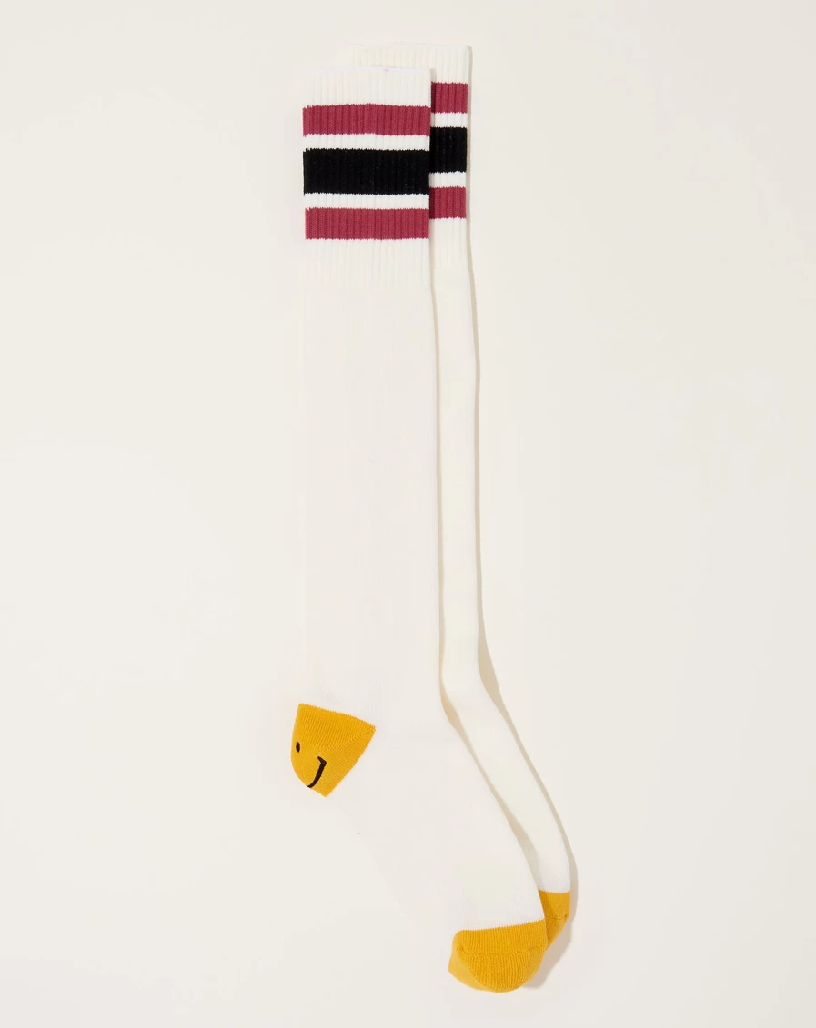 Kapital Heel Smile Embroidered Knee-High Skater Socks - White & Pink Striped Design