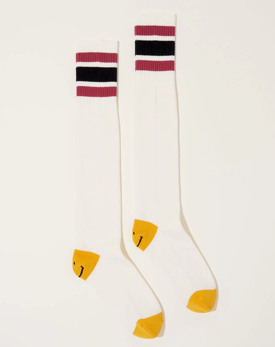 Kapital Heel Smile Embroidered Knee-High Skater Socks - White & Pink Striped Design