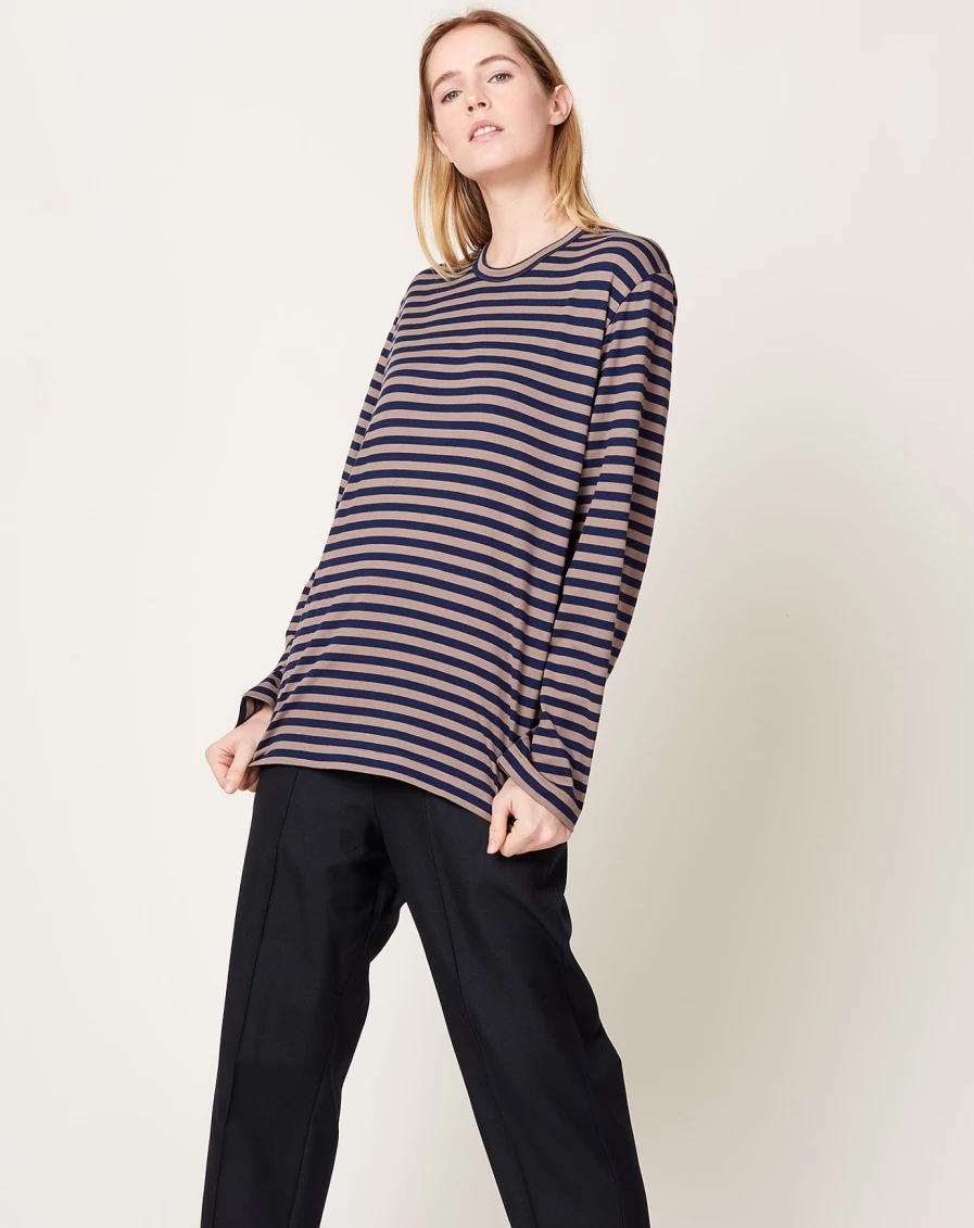 Comme des Garçons Cotton Jersey Striped T-Shirt in Khaki and Navy - Classic Casual Tee