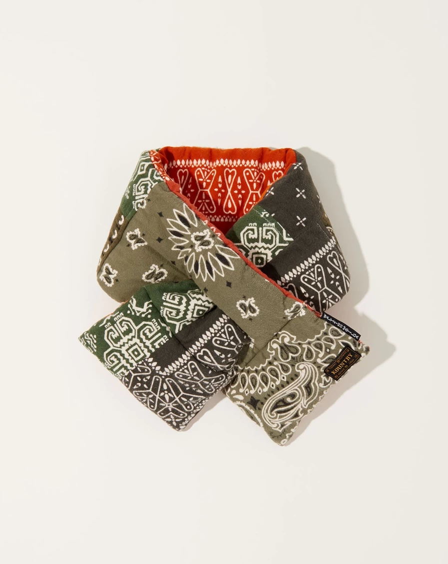 Kapital Reversible Flannel Bandana Scarf - Khaki & Orange Plaid Kesa Style Unisex Fashion Accessory