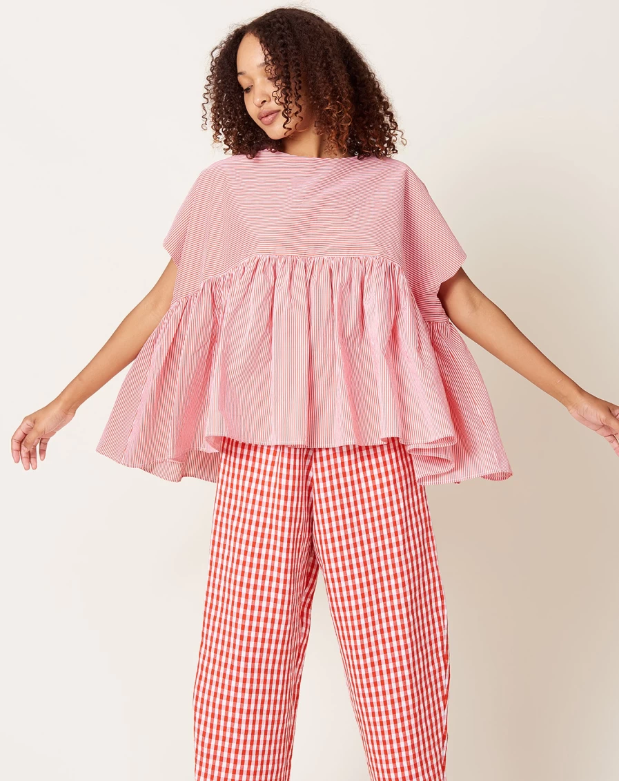"Apuntob Women's White & Poppy Striped Cotton Silk Blend Gather Top"