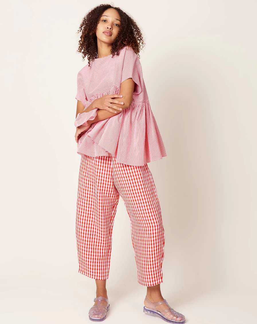 "Apuntob Women's White & Poppy Striped Cotton Silk Blend Gather Top"