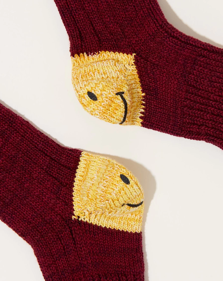 Kapital Burgundy Ivy Smile Socks - 60 Yarns Gandrelle Cozy Knit Socks for Men & Women