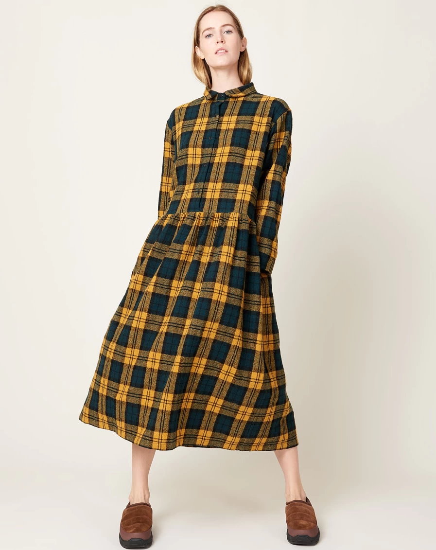 "Ichi Yellow and Green Wool Plaid Dress – Stylish Checkered Women’s Dress"