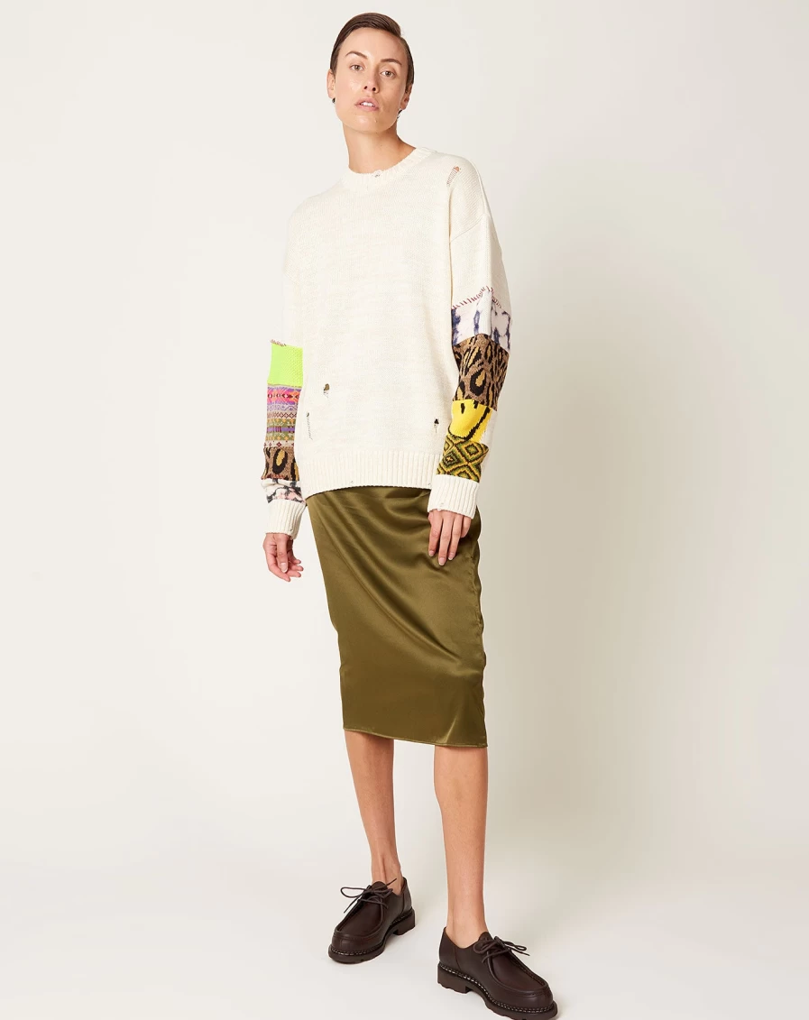 Kapital Ecru 5G Cotton Knit Hippie Crewneck Sweater with Bell Sleeves