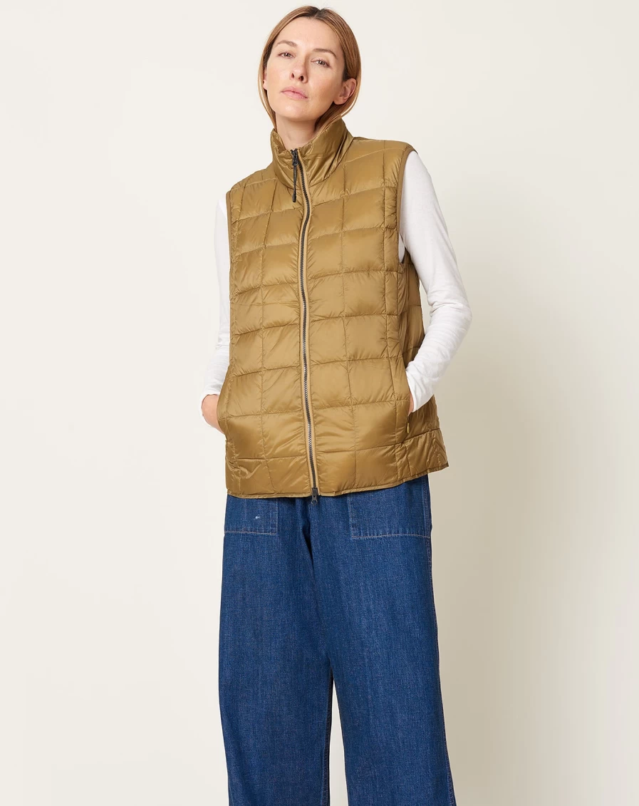 Taion Women's Basic Hi-Neck W-Zip Down Vest in Beige - Lightweight Warm Winter Puffer Jacket