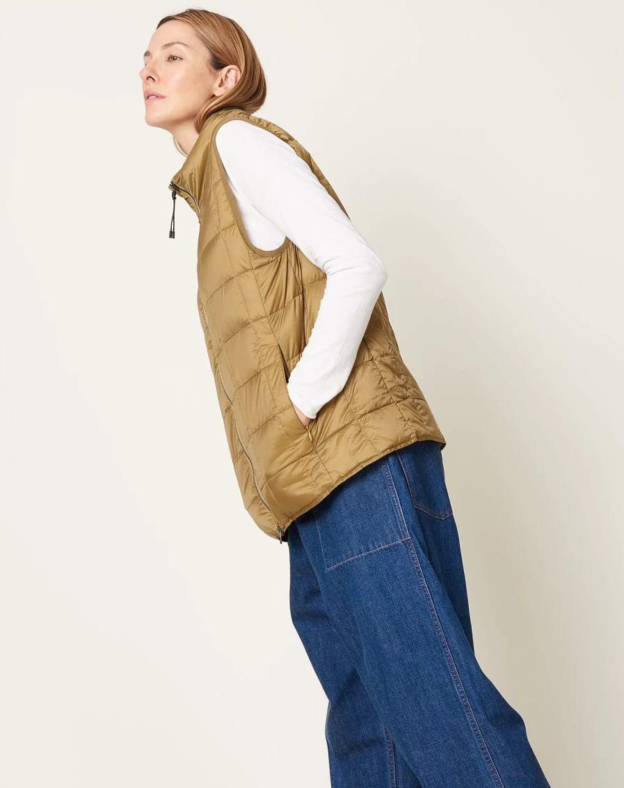 Taion Women's Basic Hi-Neck W-Zip Down Vest in Beige - Lightweight Warm Winter Puffer Jacket