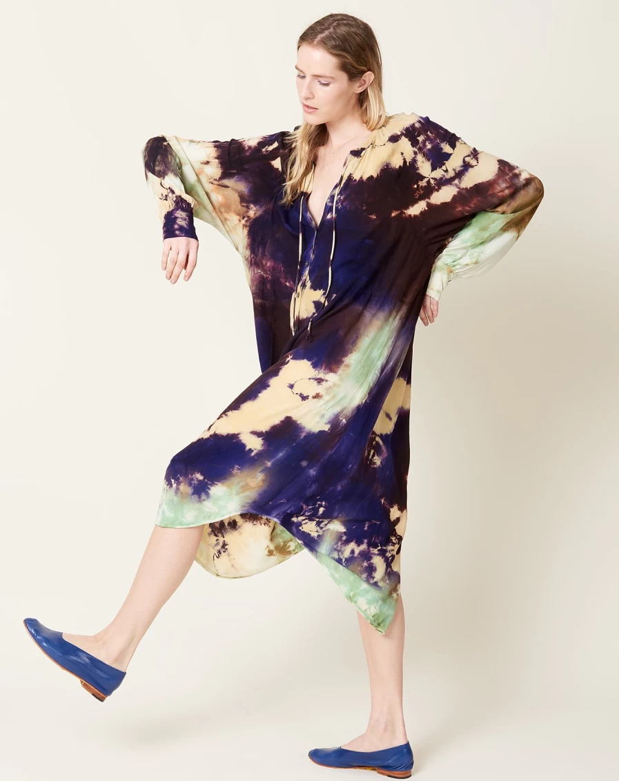 Raquel Allegra Cosmic Violet Poet Dress - Boho Chic Flowy Maxi Dress