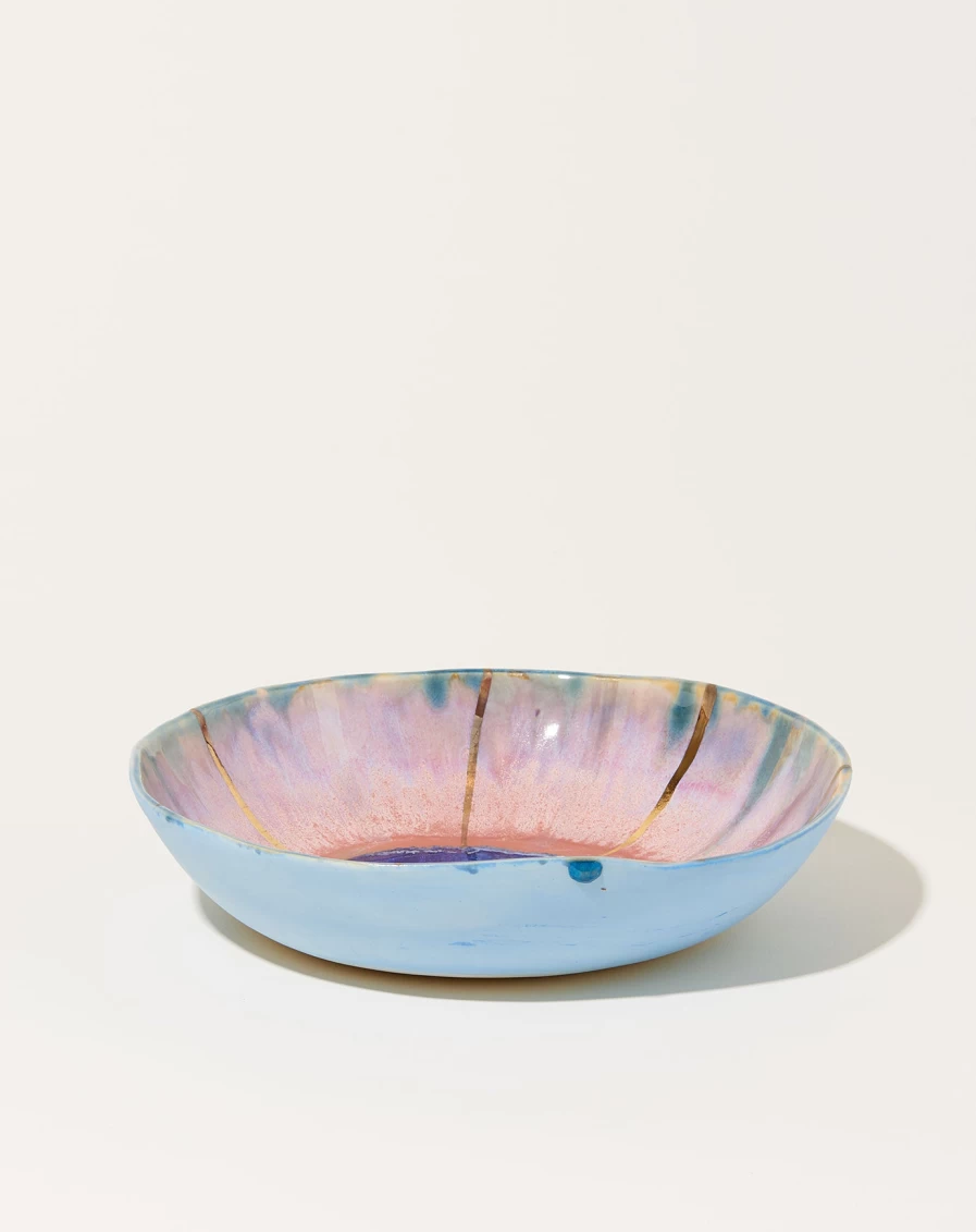 Minh Singer Large Pink Aurora Bowl with Light Blue Exterior and Gold Accents - Elegant Ceramic Serving Dish