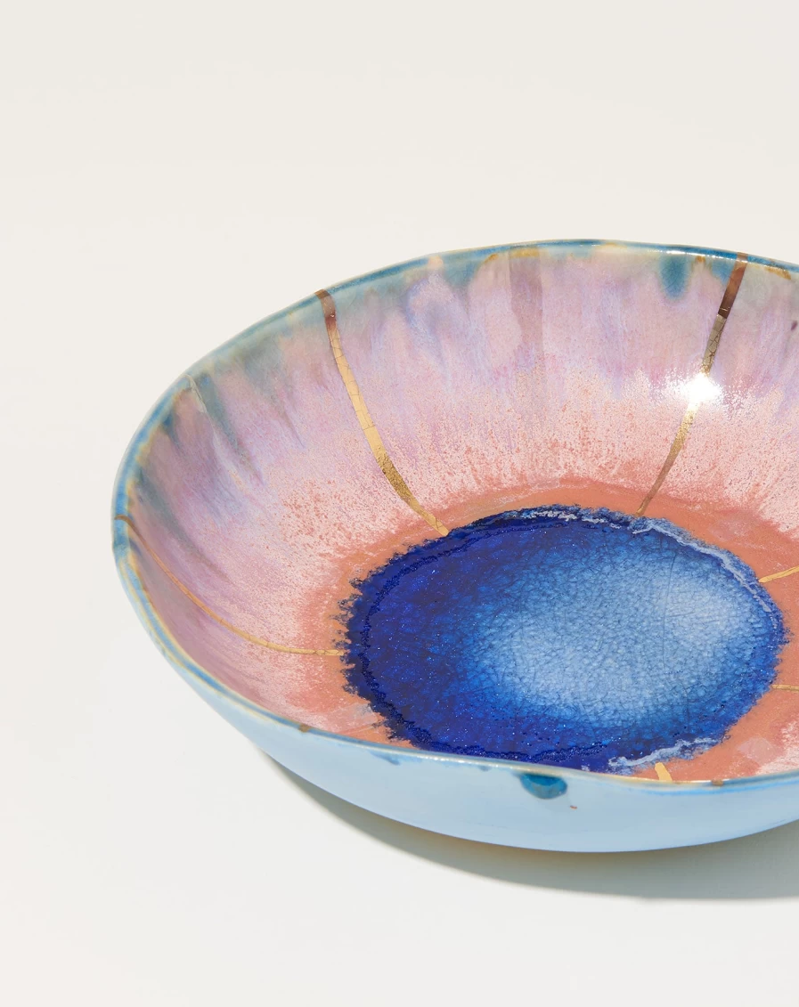 Minh Singer Large Pink Aurora Bowl with Light Blue Exterior and Gold Accents - Elegant Ceramic Serving Dish
