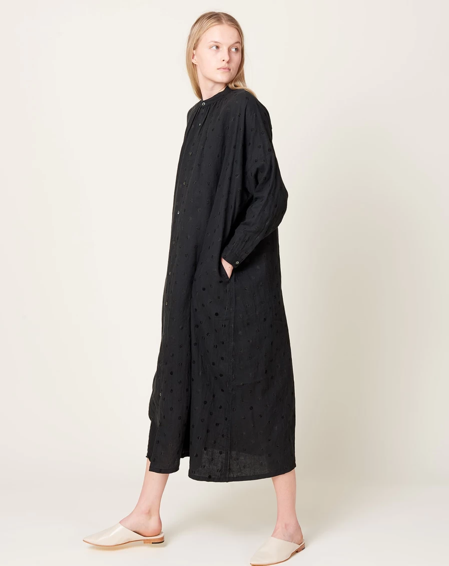 "Ichi Antiquits Azumadaki Black Ramie Flocky Dot Dress – Vintage Style Dress"